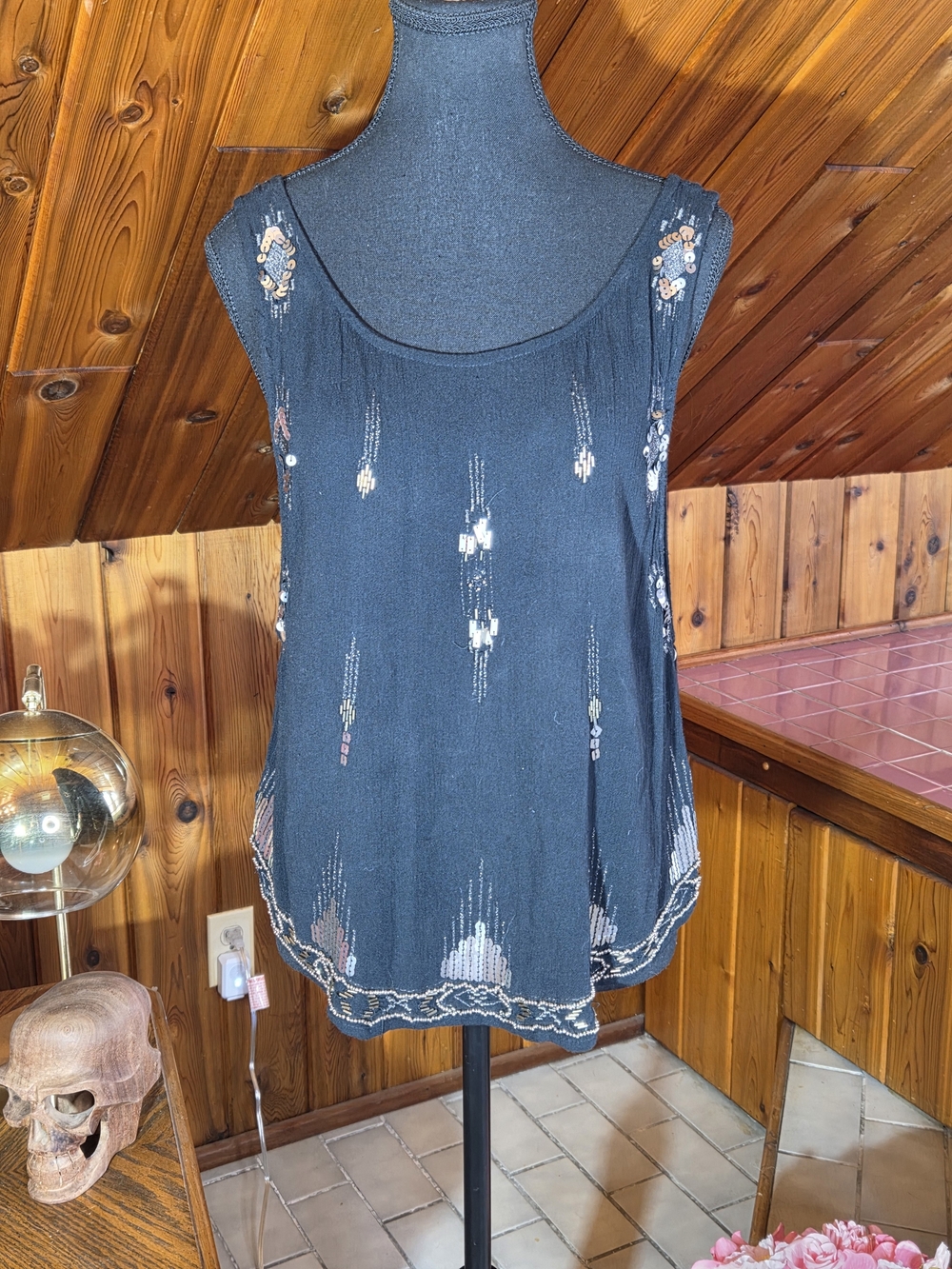 Free People Black Beaded Sleeveless Camisole Tank Top